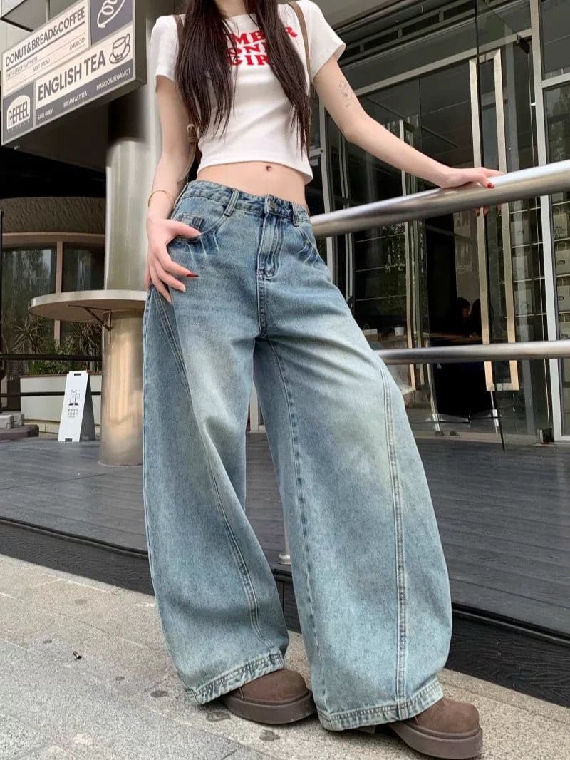 아메리칸 레트로 워싱 루즈핏 넓은 다리 높음 거리 디자인 센스 모통이 칼 청바지 남녀 작은 대중 캐주얼 낫 바지 상세 이미지 4