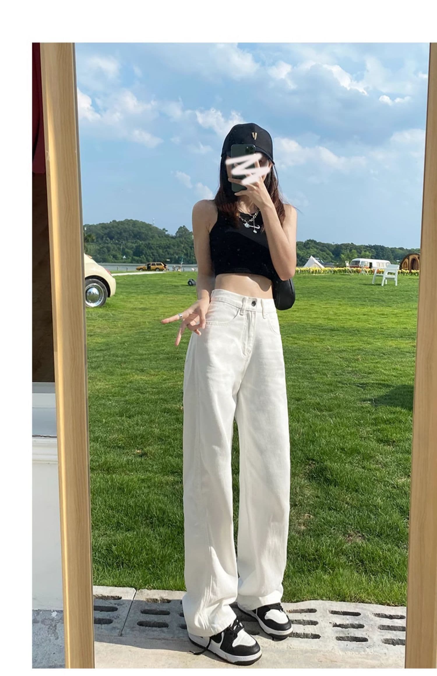 넓은 다리 청바지 여성 하이웨이스트 화이트 2026 봄 새로운 슬림해 보이는 도루 센스 바닥 청소 루즈핏 스트레이트 데님 바지 상세 이미지 6