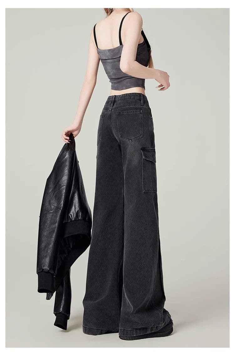 블랙 회색 아메리칸 높음 거리 부츠컷 청바지 여성 2026 가을 새로운 디자인 주머니 루즈핏 넓은 다리 워크웨어 팬츠 상세 이미지 10