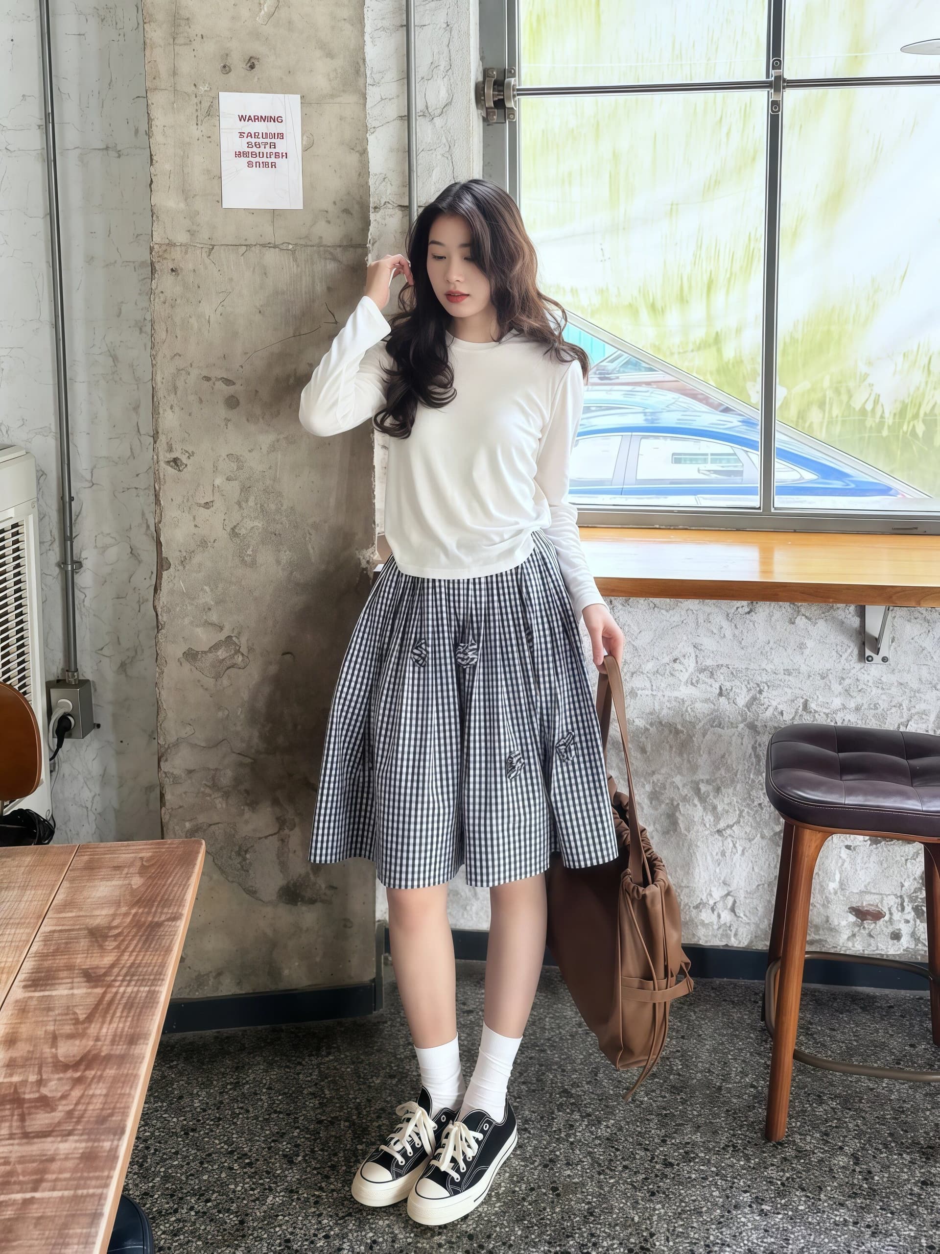3 차원 꽃 miu 부서 블루 화이트 체크무늬 반신 스커트 여성 여름 슬림해 보이는 A라인 스커트 5 점 중간 스커트 상세 이미지 2