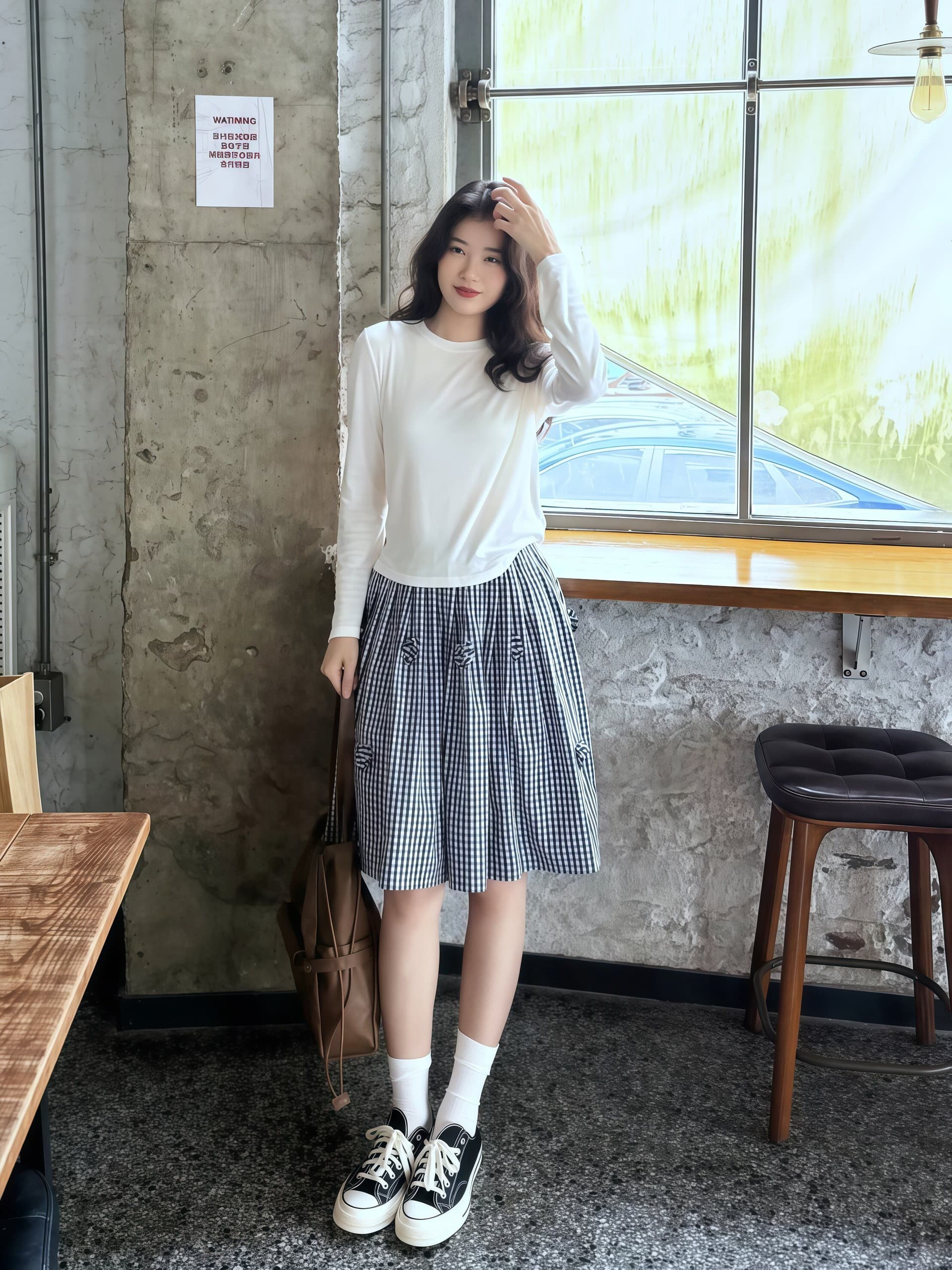 3 차원 꽃 miu 부서 블루 화이트 체크무늬 반신 스커트 여성 여름 슬림해 보이는 A라인 스커트 5 점 중간 스커트 상세 이미지 3