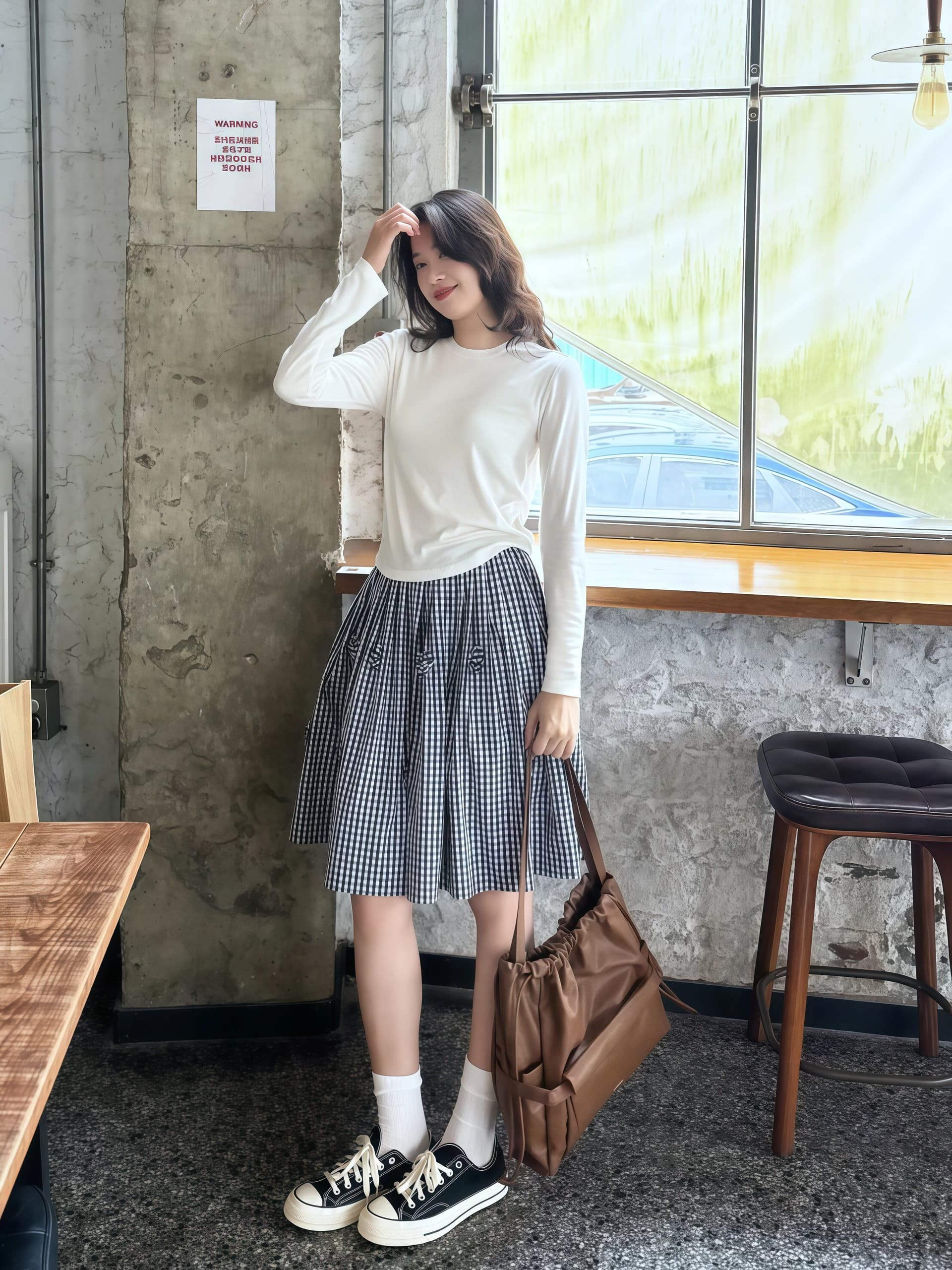 3 차원 꽃 miu 부서 블루 화이트 체크무늬 반신 스커트 여성 여름 슬림해 보이는 A라인 스커트 5 점 중간 스커트 상세 이미지 4