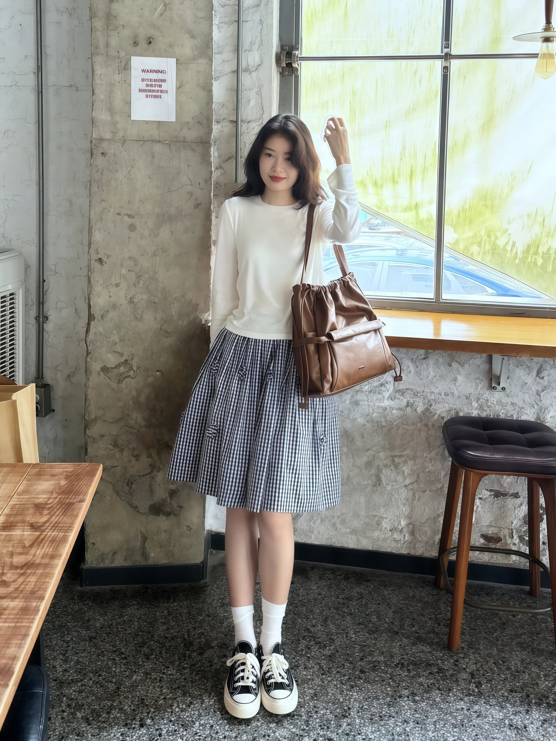 3 차원 꽃 miu 부서 블루 화이트 체크무늬 반신 스커트 여성 여름 슬림해 보이는 A라인 스커트 5 점 중간 스커트 상세 이미지 5