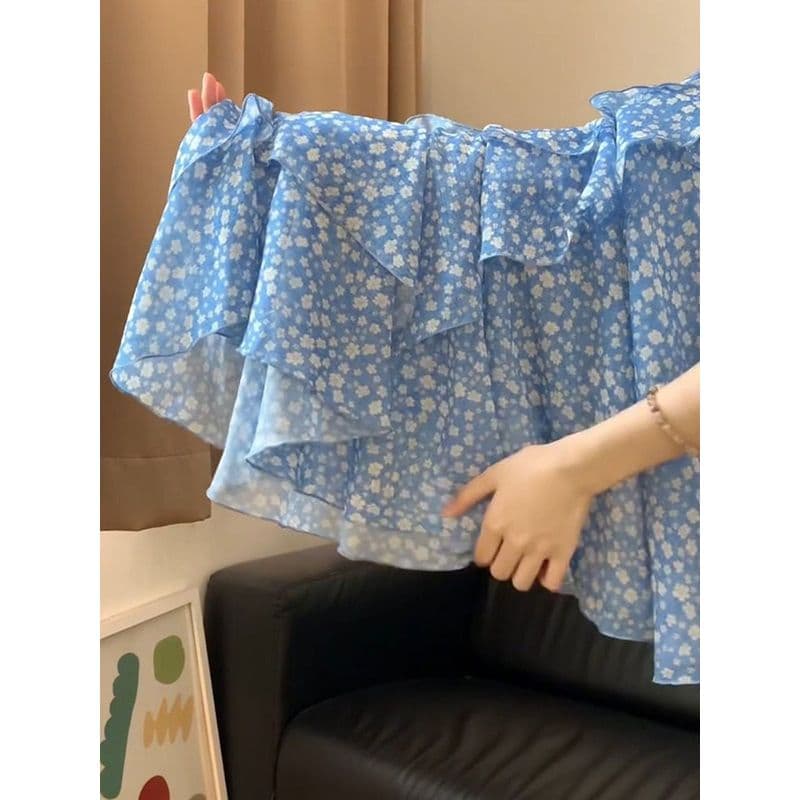 품격 고급 센스 파란색 꽃무늬 한 마디 반신 스커트 여성 여름 새로운 프랑스식 부드러운 바람이 아닙니다. 규칙 케이크 드레스 이미지 2