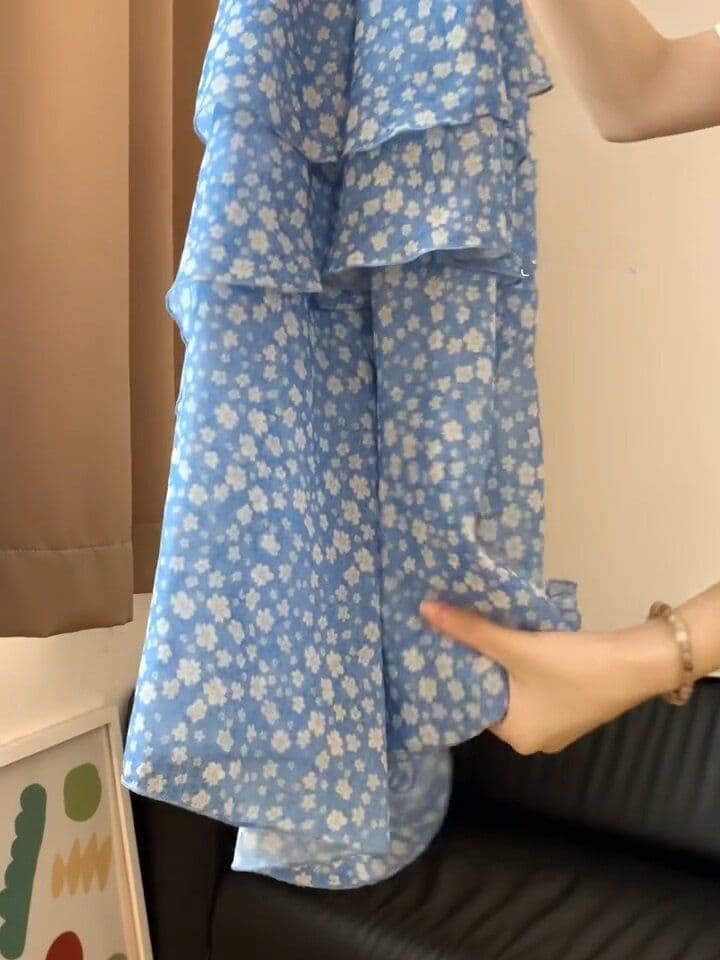 품격 고급 센스 파란색 꽃무늬 한 마디 반신 스커트 여성 여름 새로운 프랑스식 부드러운 바람이 아닙니다. 규칙 케이크 드레스 상세 이미지 5
