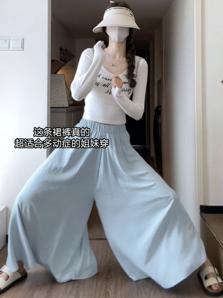 파란색 얼음 실크 와이드 레깅스 바지 여름 얇은 스타일 2026 새로운 작은 키 하이웨이스트 슬림해 보이는 빅 사이즈 한 마디 반신 치마바지 상세 이미지 2