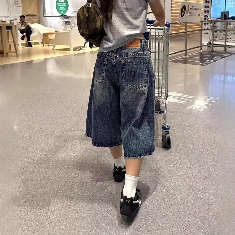 아메리칸 다이아몬드 세팅 디자인 센스 데님 7부 바지 남녀 2026 새로운 여름 워싱 루즈핏 넓은 다리 바지 이미지 2
