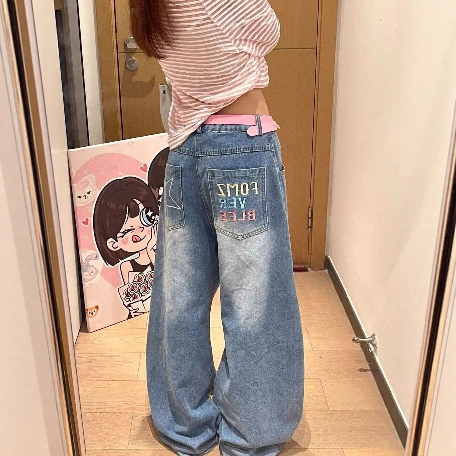 레트로 높음 거리 별 자수 청바지 여성 2026 여름 새로운 캐주얼 워싱 넓은 다리 루즈핏 모통이 칼 바지 트렌디 이미지 5