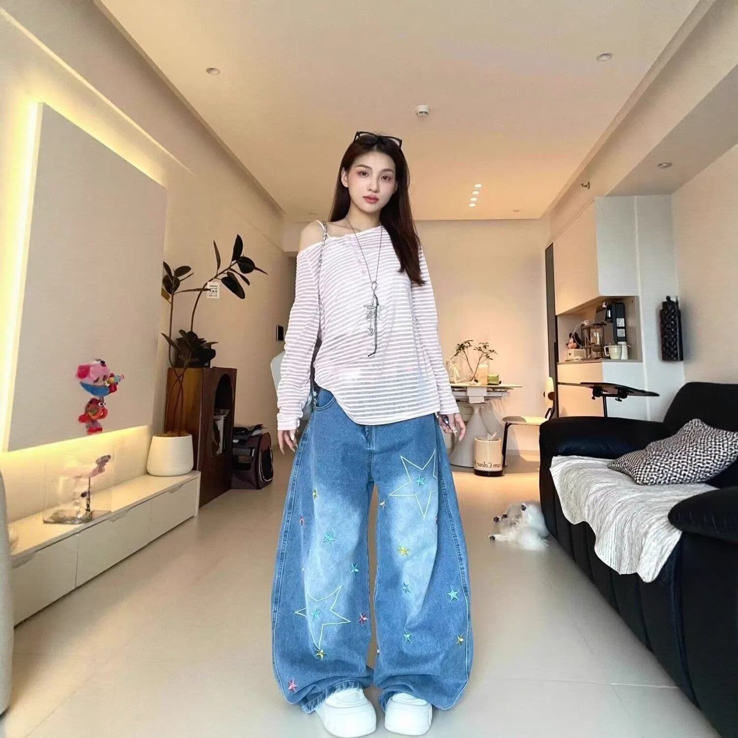 레트로 높음 거리 별 자수 청바지 여성 2026 여름 새로운 캐주얼 워싱 넓은 다리 루즈핏 모통이 칼 바지 트렌디 이미지 3
