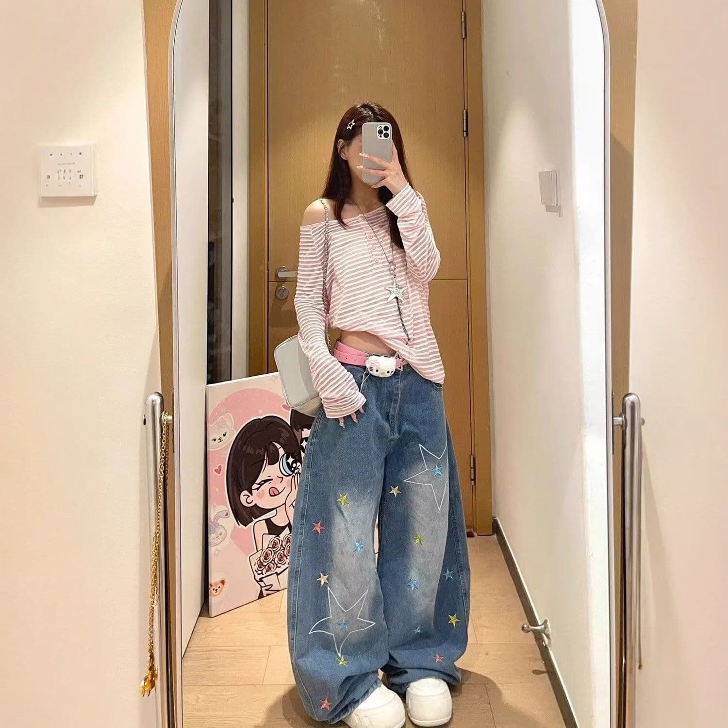 레트로 높음 거리 별 자수 청바지 여성 2026 여름 새로운 캐주얼 워싱 넓은 다리 루즈핏 모통이 칼 바지 트렌디 이미지 2