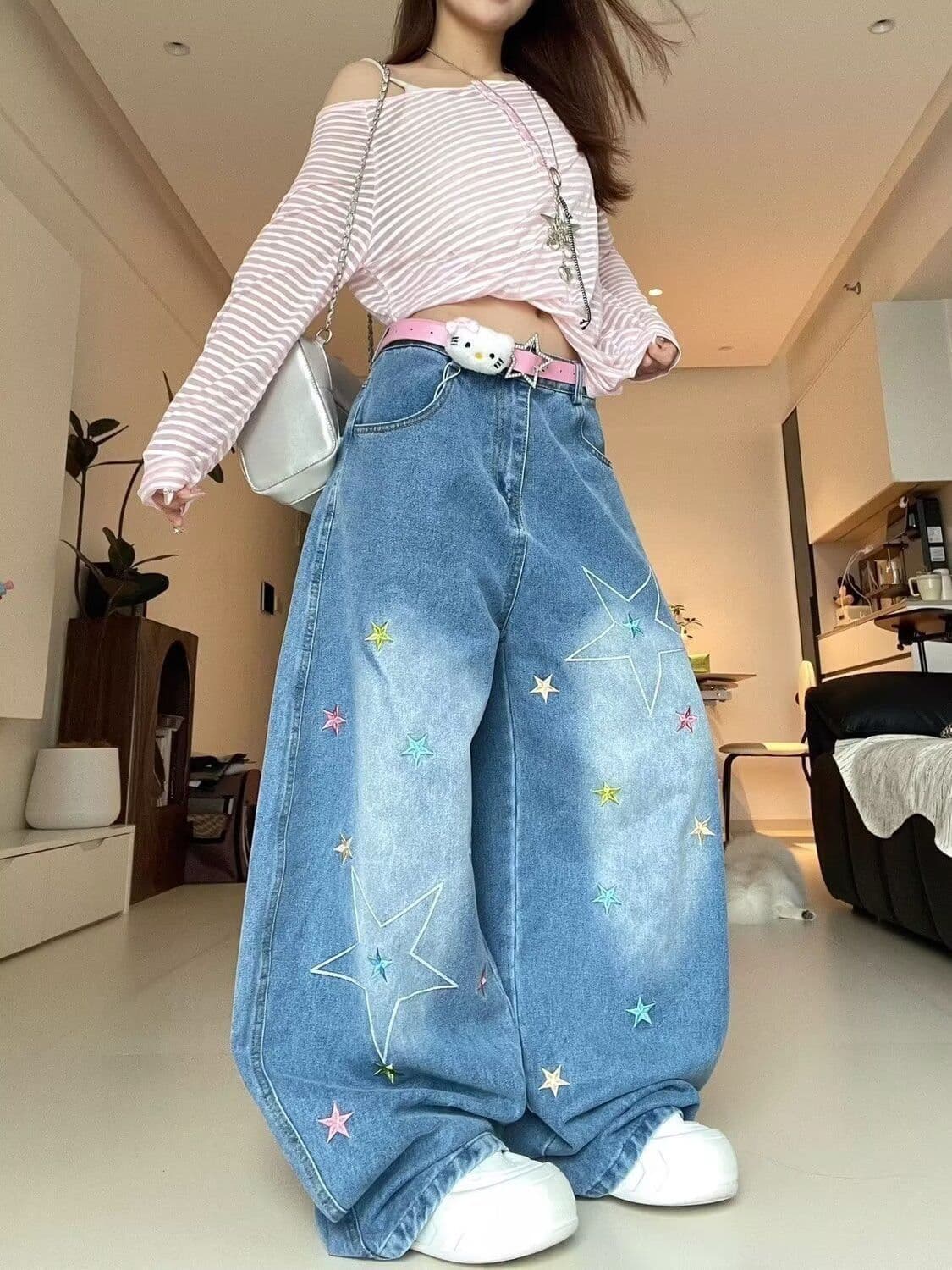 레트로 높음 거리 별 자수 청바지 여성 2026 여름 새로운 캐주얼 워싱 넓은 다리 루즈핏 모통이 칼 바지 트렌디 상세 이미지 1