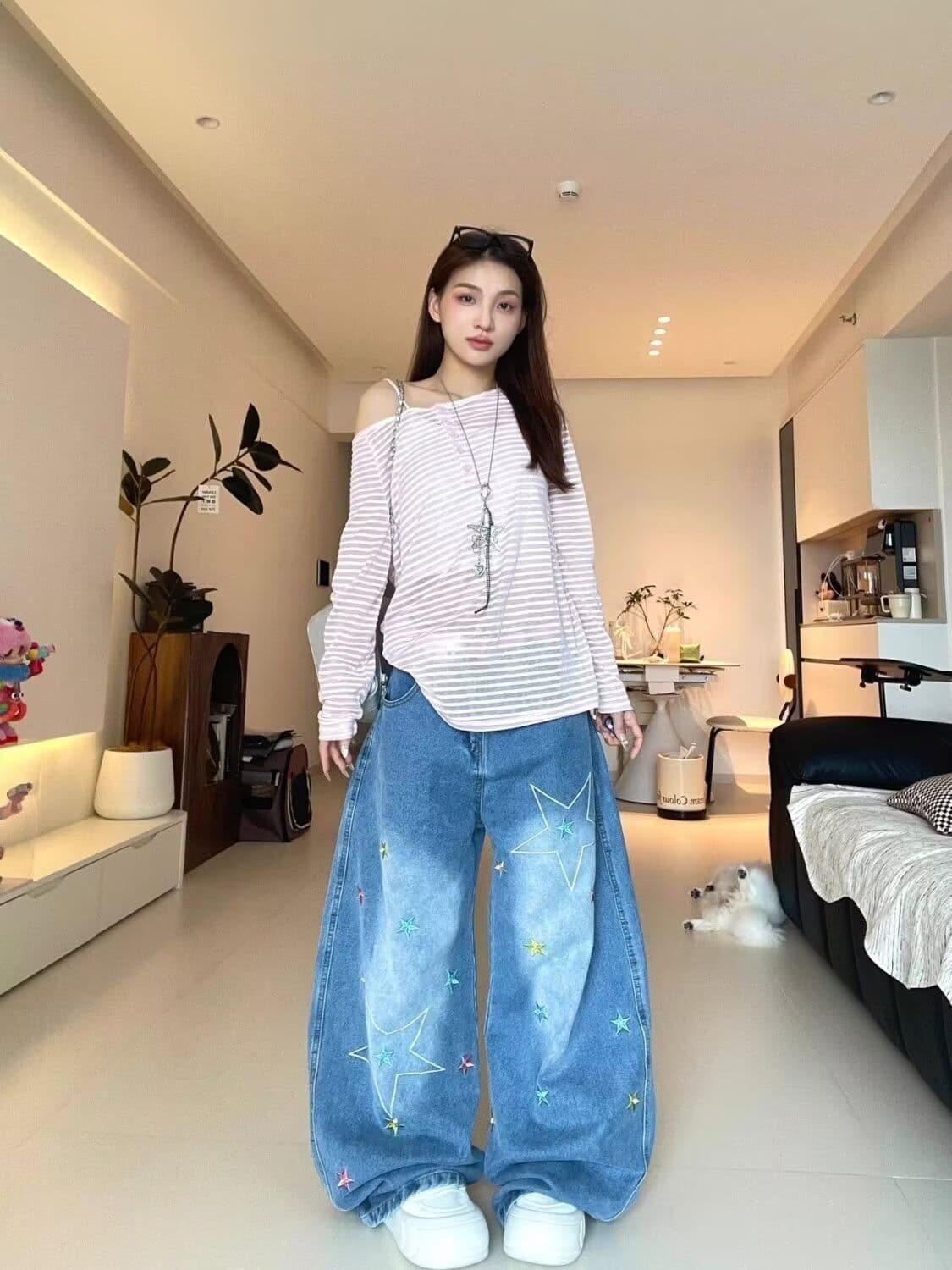 레트로 높음 거리 별 자수 청바지 여성 2026 여름 새로운 캐주얼 워싱 넓은 다리 루즈핏 모통이 칼 바지 트렌디 상세 이미지 5