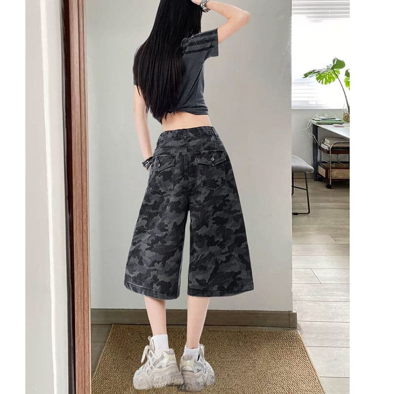 작은 대중 아메리칸 개성 카모플라주 넓은 다리 데님 7부 바지 여성 봄 여름 새로운 하이웨이스트 워크웨어 스트레이트 7부 바지 이미지 4