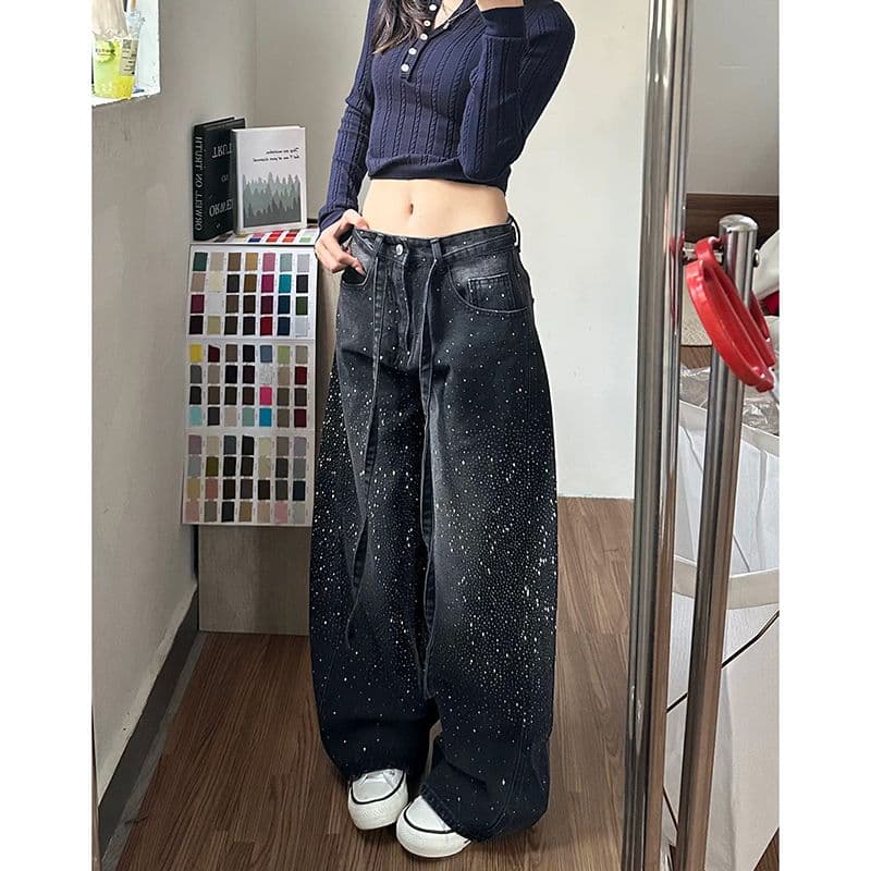 거리 웃음 하 핫픽스 패치워크 넓은 다리 청바지 아이들 봄 가을 새로운 루즈핏 슬림해 보이는 바닥 청소 청바지 이미지 4