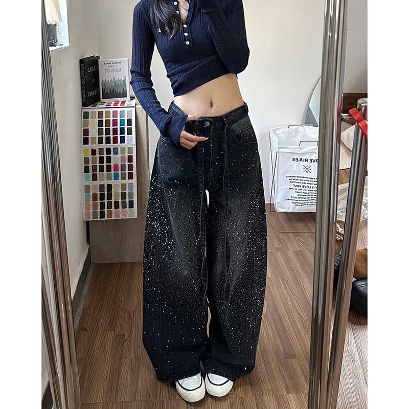 거리 웃음 하 핫픽스 패치워크 넓은 다리 청바지 아이들 봄 가을 새로운 루즈핏 슬림해 보이는 바닥 청소 청바지