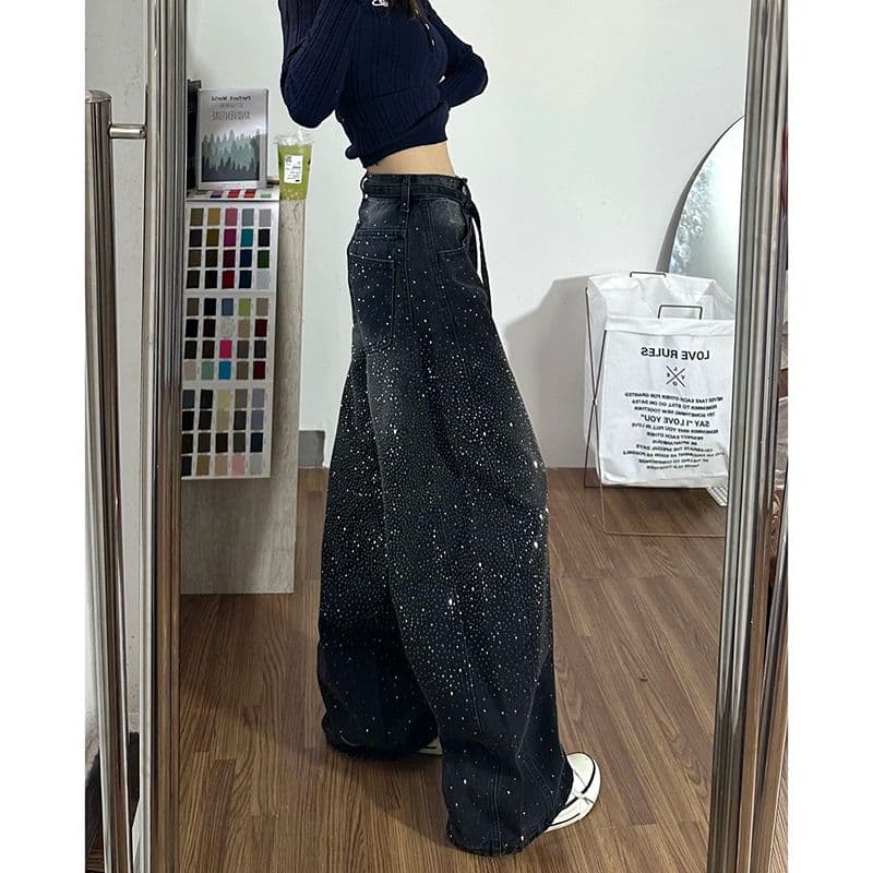 거리 웃음 하 핫픽스 패치워크 넓은 다리 청바지 아이들 봄 가을 새로운 루즈핏 슬림해 보이는 바닥 청소 청바지 이미지 2