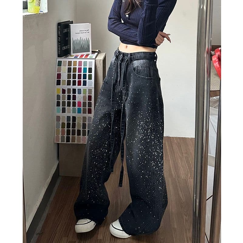 거리 웃음 하 핫픽스 패치워크 넓은 다리 청바지 아이들 봄 가을 새로운 루즈핏 슬림해 보이는 바닥 청소 청바지 이미지 3