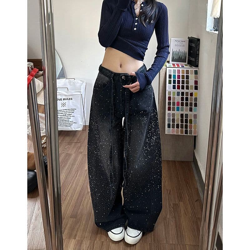 거리 웃음 하 핫픽스 패치워크 넓은 다리 청바지 아이들 봄 가을 새로운 루즈핏 슬림해 보이는 바닥 청소 청바지 이미지 5
