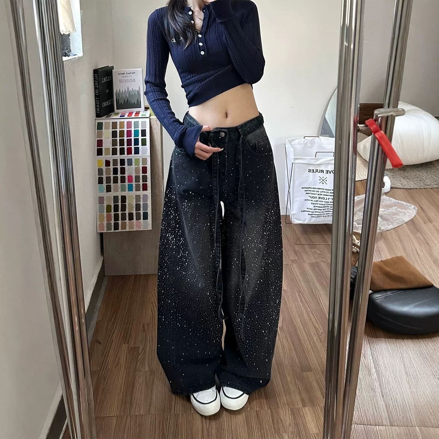 거리 웃음 하 핫픽스 패치워크 넓은 다리 청바지 아이들 봄 가을 새로운 루즈핏 슬림해 보이는 바닥 청소 청바지 상세 이미지 2