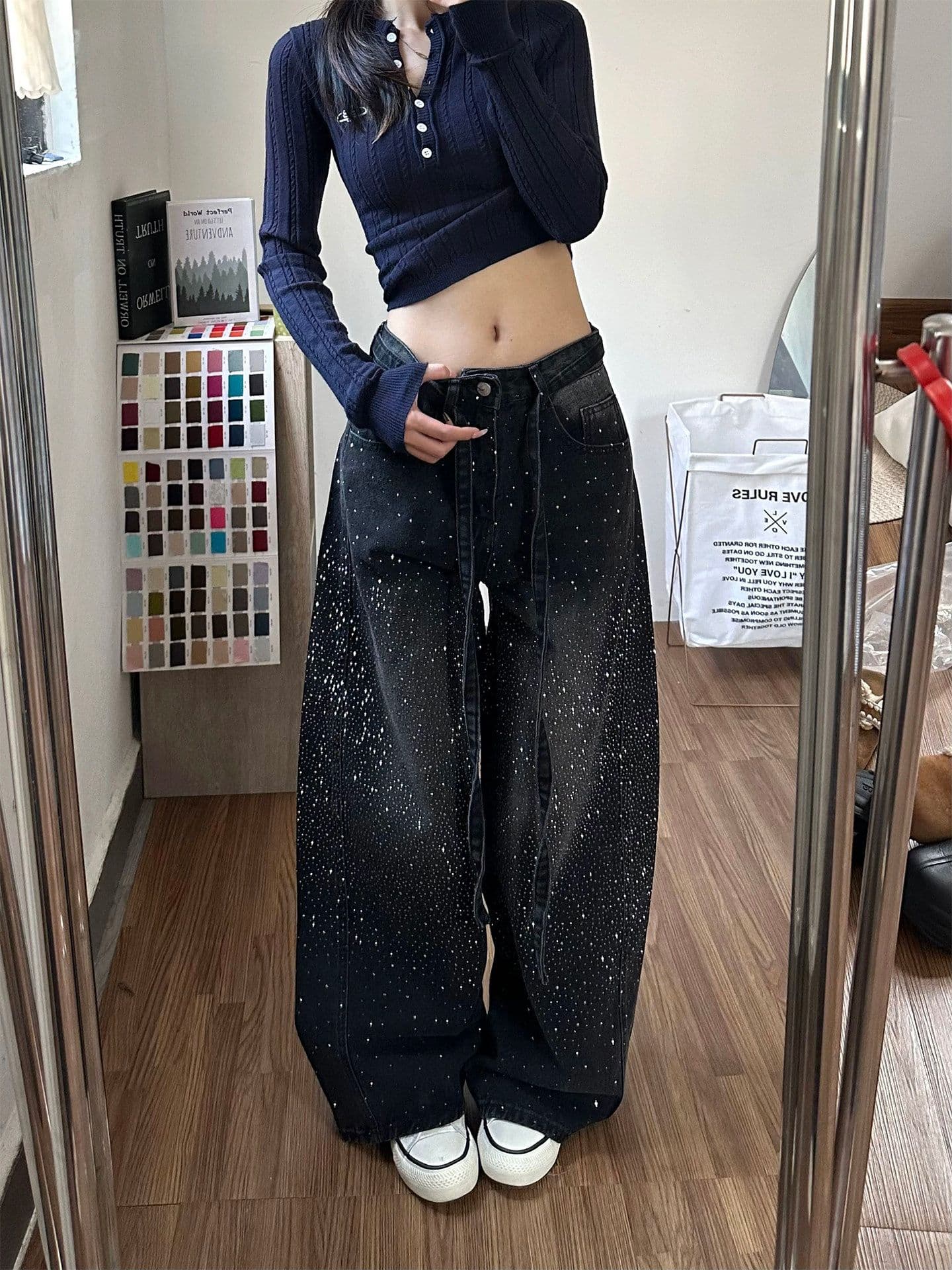 거리 웃음 하 핫픽스 패치워크 넓은 다리 청바지 아이들 봄 가을 새로운 루즈핏 슬림해 보이는 바닥 청소 청바지 상세 이미지 5