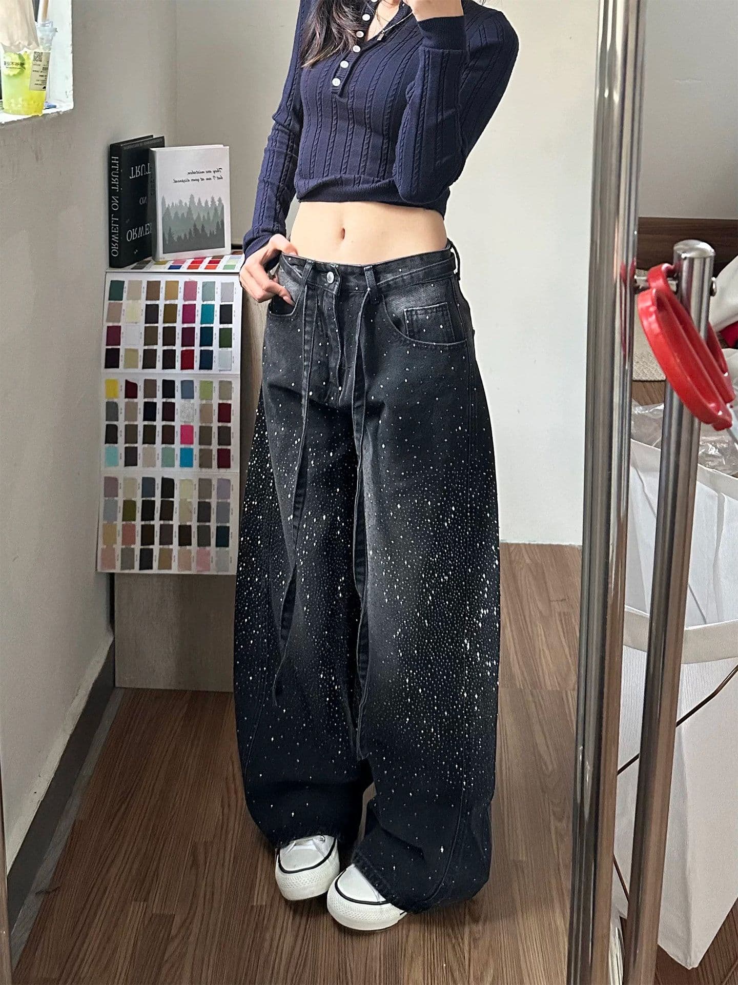거리 웃음 하 핫픽스 패치워크 넓은 다리 청바지 아이들 봄 가을 새로운 루즈핏 슬림해 보이는 바닥 청소 청바지 상세 이미지 6