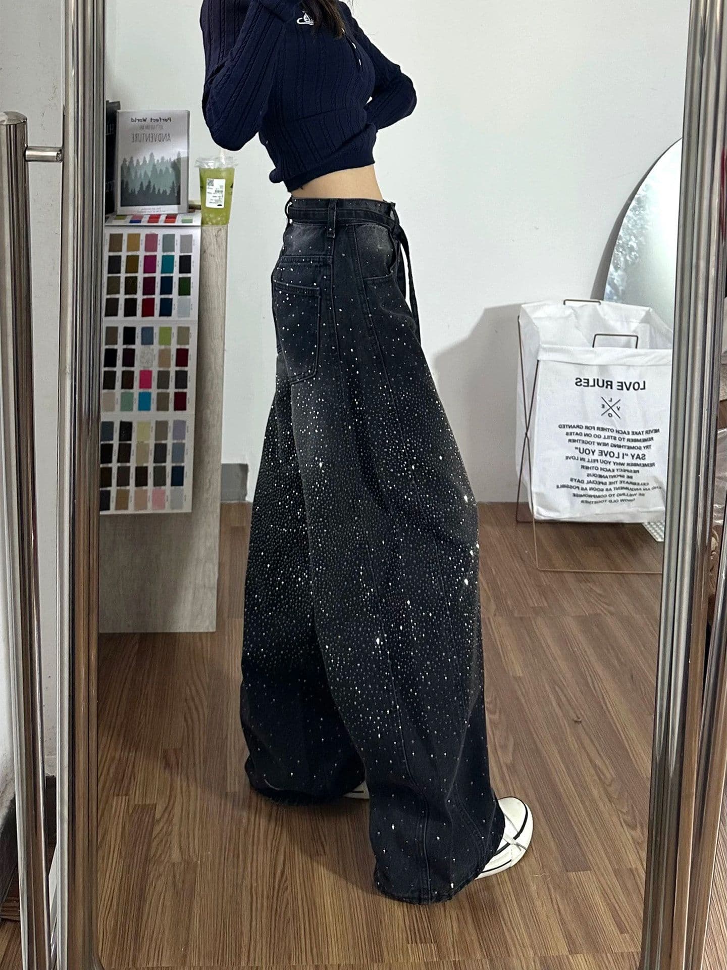 거리 웃음 하 핫픽스 패치워크 넓은 다리 청바지 아이들 봄 가을 새로운 루즈핏 슬림해 보이는 바닥 청소 청바지 상세 이미지 7