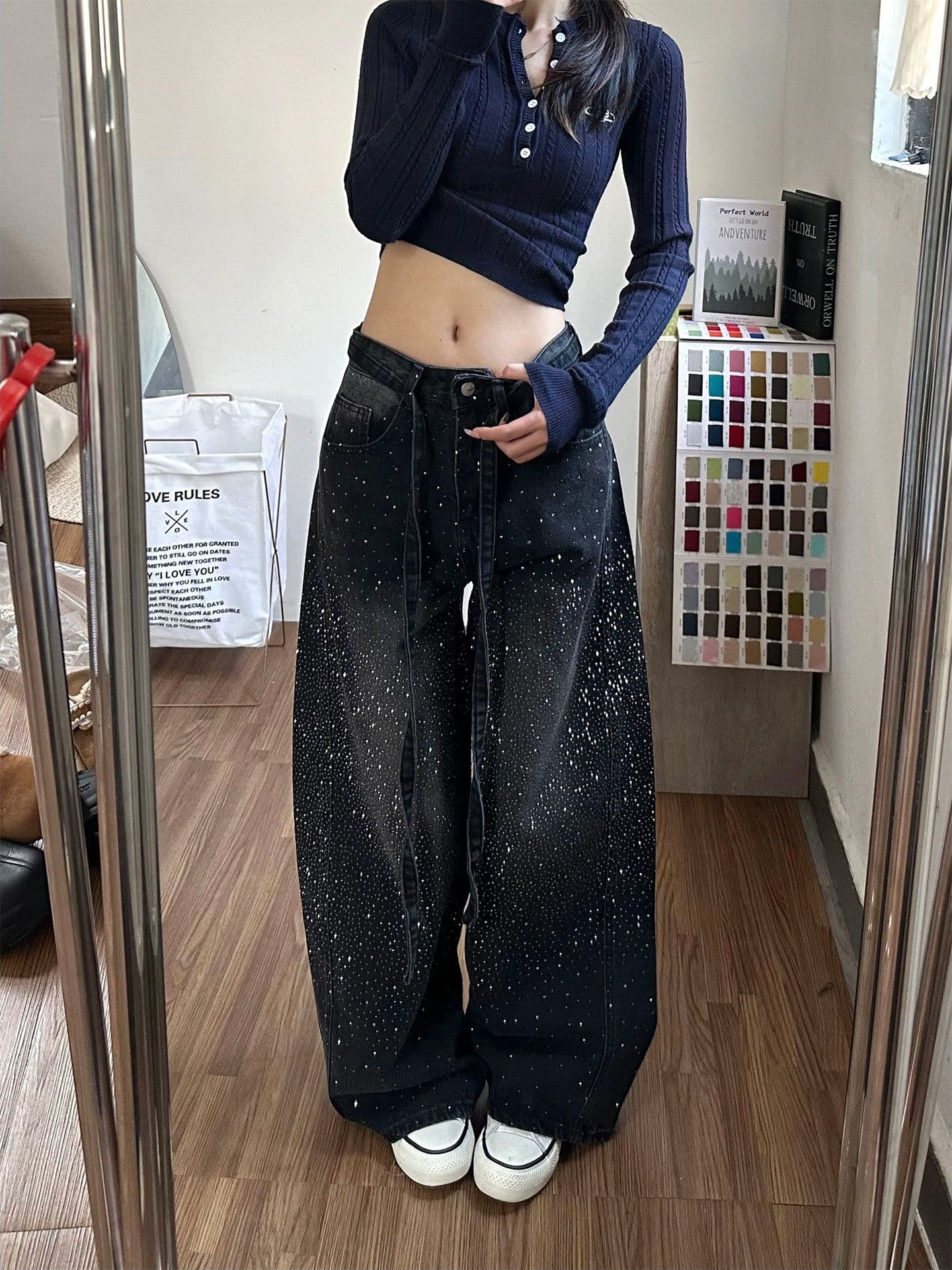 거리 웃음 하 핫픽스 패치워크 넓은 다리 청바지 아이들 봄 가을 새로운 루즈핏 슬림해 보이는 바닥 청소 청바지 상세 이미지 9