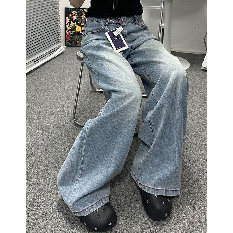 아메리칸 웃음 하 자수 디자인 하이웨이스트 넓은 다리 청바지 여성 봄 가을 새로운 루즈핏 슬림해 보이는 바닥 청소 청바지 이미지 2
