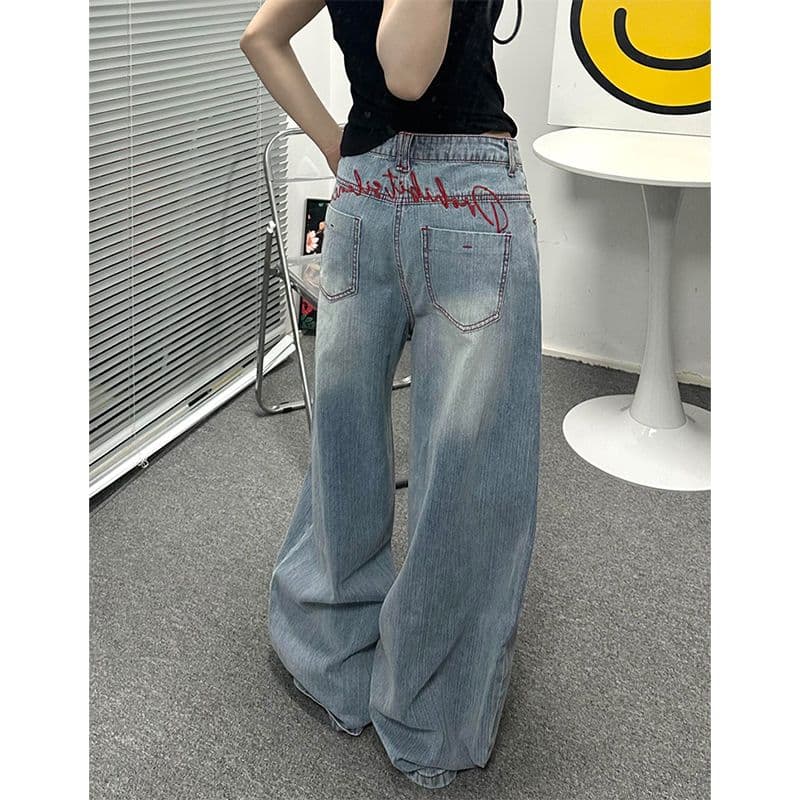 아메리칸 웃음 하 자수 디자인 하이웨이스트 넓은 다리 청바지 여성 봄 가을 새로운 루즈핏 슬림해 보이는 바닥 청소 청바지 이미지 4