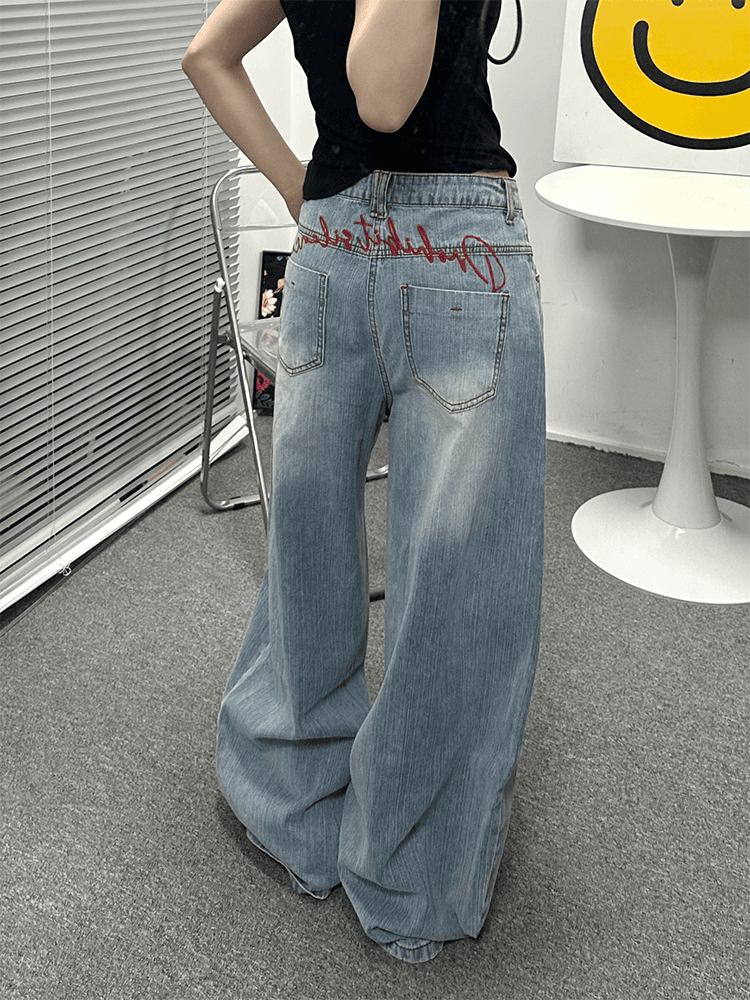 아메리칸 웃음 하 자수 디자인 하이웨이스트 넓은 다리 청바지 여성 봄 가을 새로운 루즈핏 슬림해 보이는 바닥 청소 청바지 상세 이미지 3