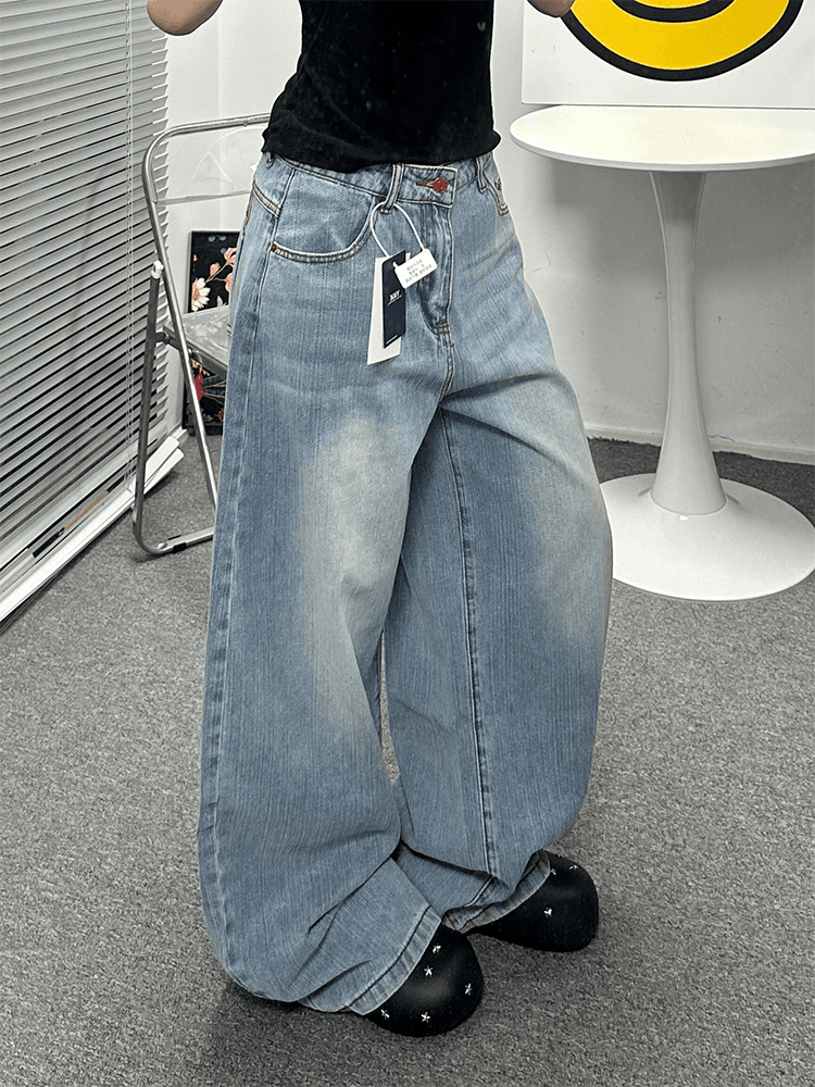 아메리칸 웃음 하 자수 디자인 하이웨이스트 넓은 다리 청바지 여성 봄 가을 새로운 루즈핏 슬림해 보이는 바닥 청소 청바지 상세 이미지 6