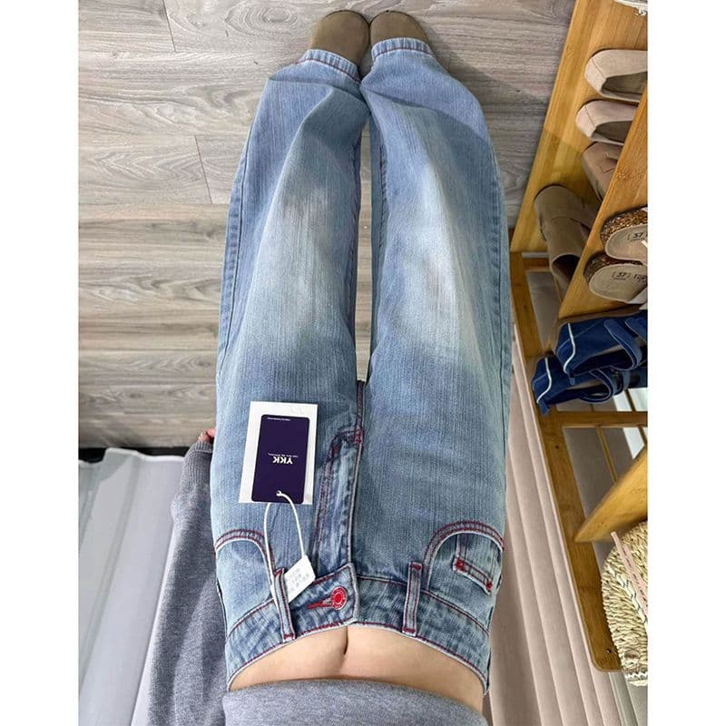 디자인 센스 중성 다용도 하이웨이스트 넓은 다리 청바지 여성 봄 가을 새로운 루즈핏 슬림해 보이는 바닥 청소 청바지 트렌디 이미지 5