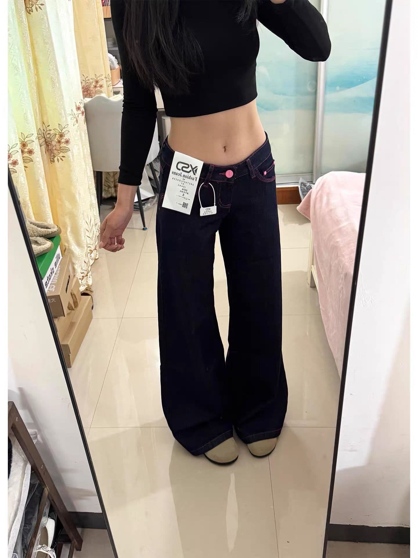 아메리칸 레트로 진한 파란색 로우 웨이스트 넓은 다리 청바지 여성 2026 새로운 루즈핏 슬림해 보이는 스트레이트 바닥 청소 바지 상세 이미지 1
