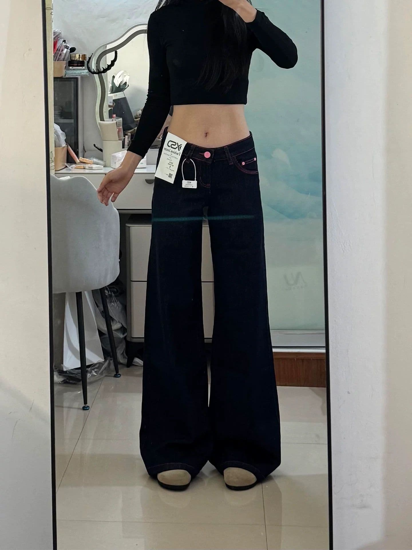 아메리칸 레트로 진한 파란색 로우 웨이스트 넓은 다리 청바지 여성 2026 새로운 루즈핏 슬림해 보이는 스트레이트 바닥 청소 바지 상세 이미지 2