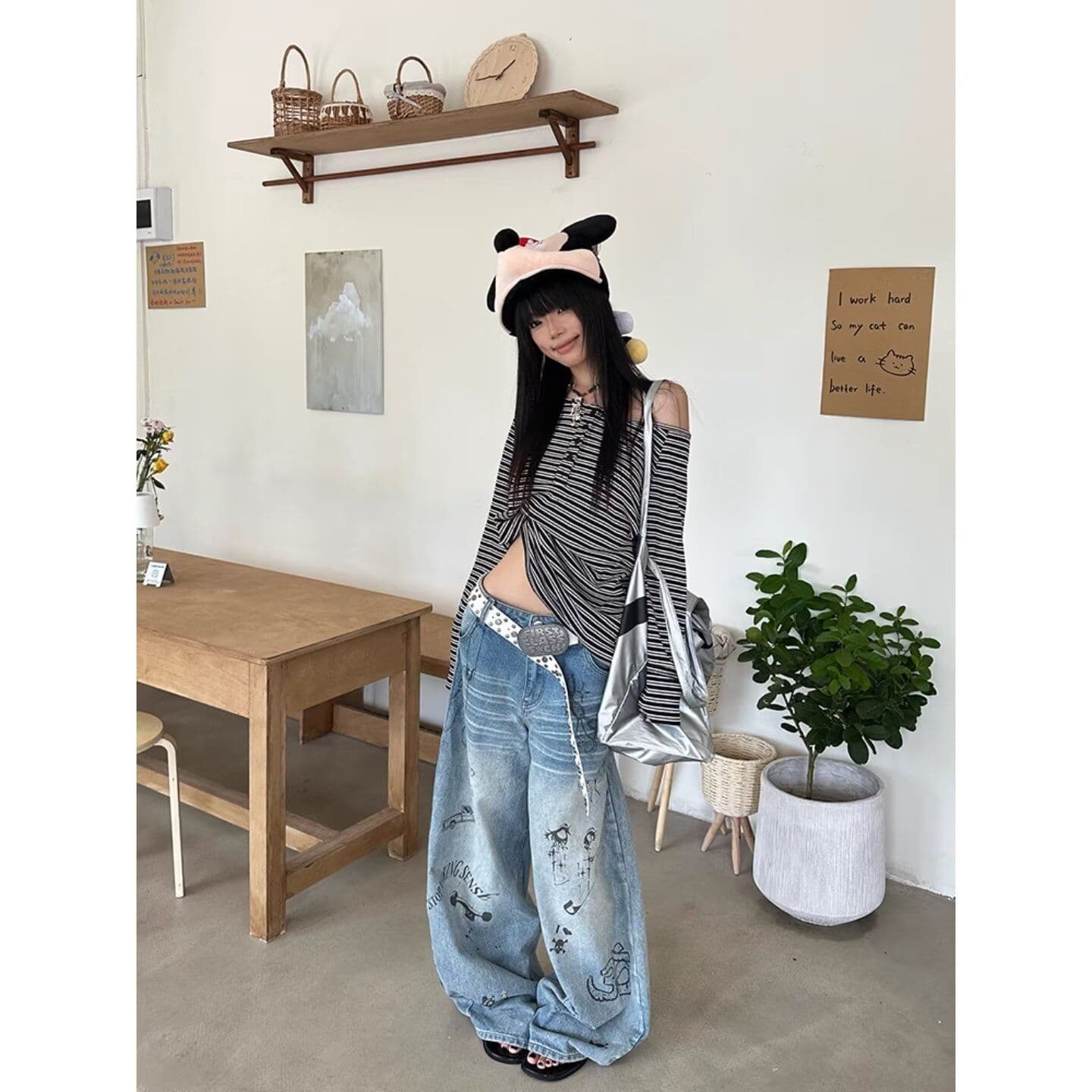 낙서 넓은 다리 모통이 칼 청바지 여성 봄 여름 새로운 아메리칸 레트로 하이웨이스트 슬림해 보이는 루즈핏 패션 다용도 표지 넓적 다리 이미지 3