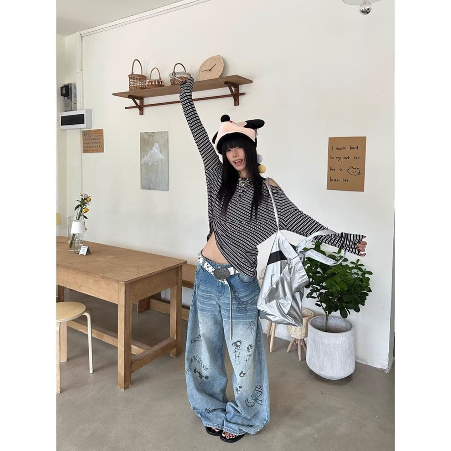 낙서 넓은 다리 모통이 칼 청바지 여성 봄 여름 새로운 아메리칸 레트로 하이웨이스트 슬림해 보이는 루즈핏 패션 다용도 표지 넓적 다리 이미지 2