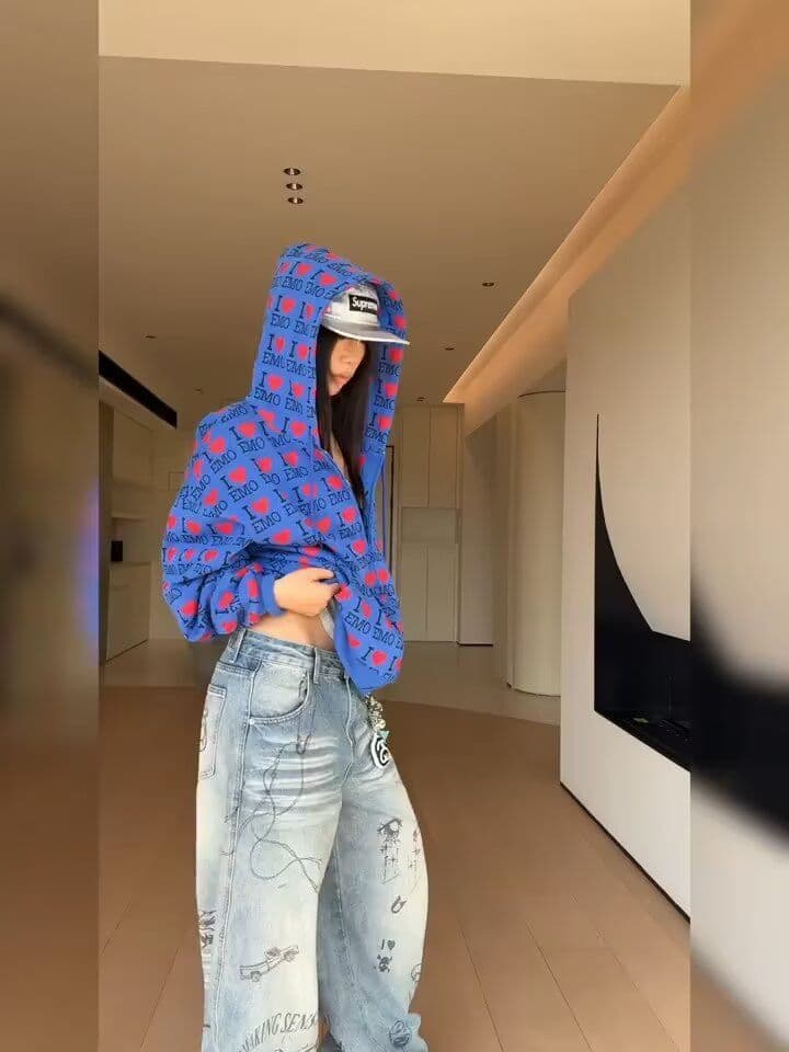 낙서 넓은 다리 모통이 칼 청바지 여성 봄 여름 새로운 아메리칸 레트로 하이웨이스트 슬림해 보이는 루즈핏 패션 다용도 표지 넓적 다리 상세 이미지 2
