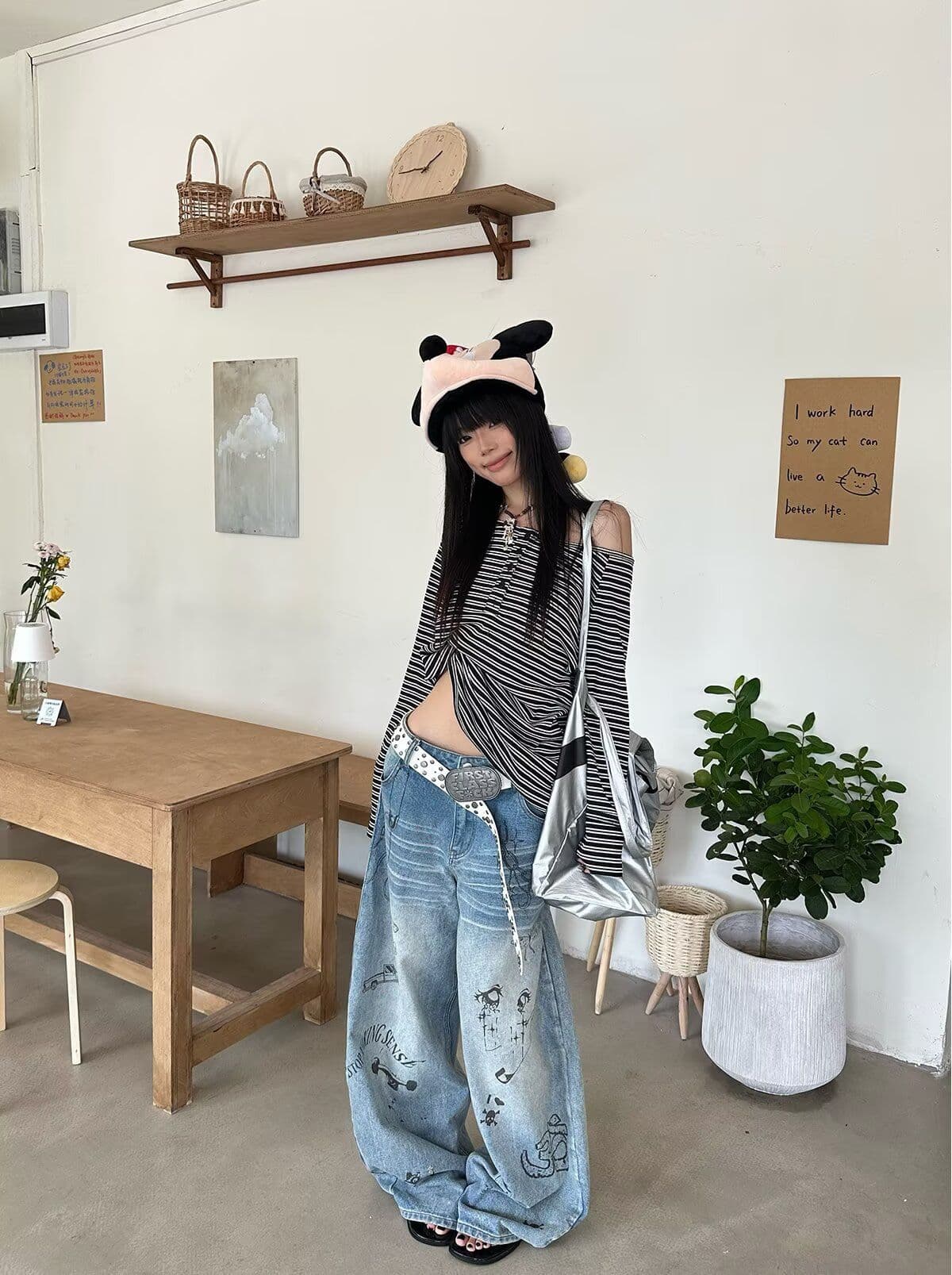 낙서 넓은 다리 모통이 칼 청바지 여성 봄 여름 새로운 아메리칸 레트로 하이웨이스트 슬림해 보이는 루즈핏 패션 다용도 표지 넓적 다리 상세 이미지 4