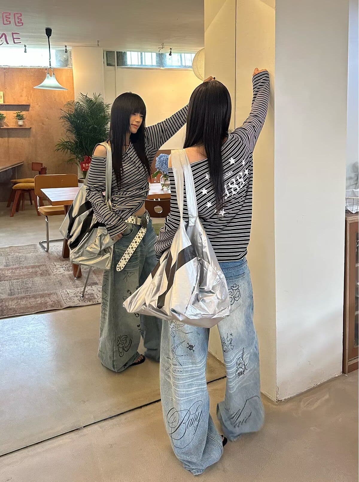 낙서 넓은 다리 모통이 칼 청바지 여성 봄 여름 새로운 아메리칸 레트로 하이웨이스트 슬림해 보이는 루즈핏 패션 다용도 표지 넓적 다리 상세 이미지 5