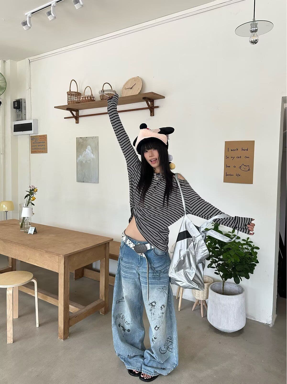 낙서 넓은 다리 모통이 칼 청바지 여성 봄 여름 새로운 아메리칸 레트로 하이웨이스트 슬림해 보이는 루즈핏 패션 다용도 표지 넓적 다리 상세 이미지 7