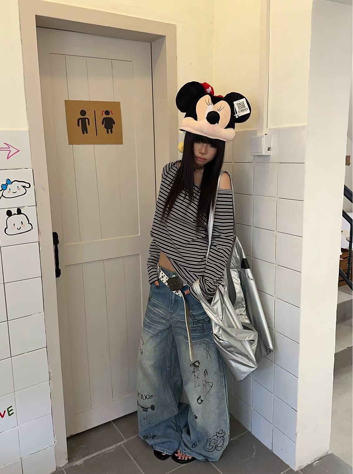 낙서 넓은 다리 모통이 칼 청바지 여성 봄 여름 새로운 아메리칸 레트로 하이웨이스트 슬림해 보이는 루즈핏 패션 다용도 표지 넓적 다리 상세 이미지 9