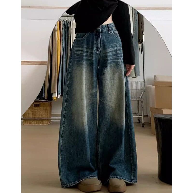 하라주쿠 스타일 다용도 거리 넓은 다리 청바지 여성 봄 가을 새로운 루즈핏 도루 센스 패션 바닥 청소 청바지 트렌디