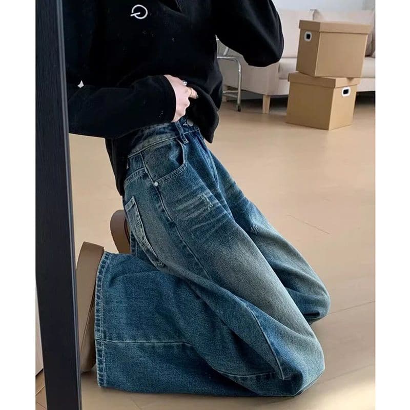하라주쿠 스타일 다용도 거리 넓은 다리 청바지 여성 봄 가을 새로운 루즈핏 도루 센스 패션 바닥 청소 청바지 트렌디 이미지 4