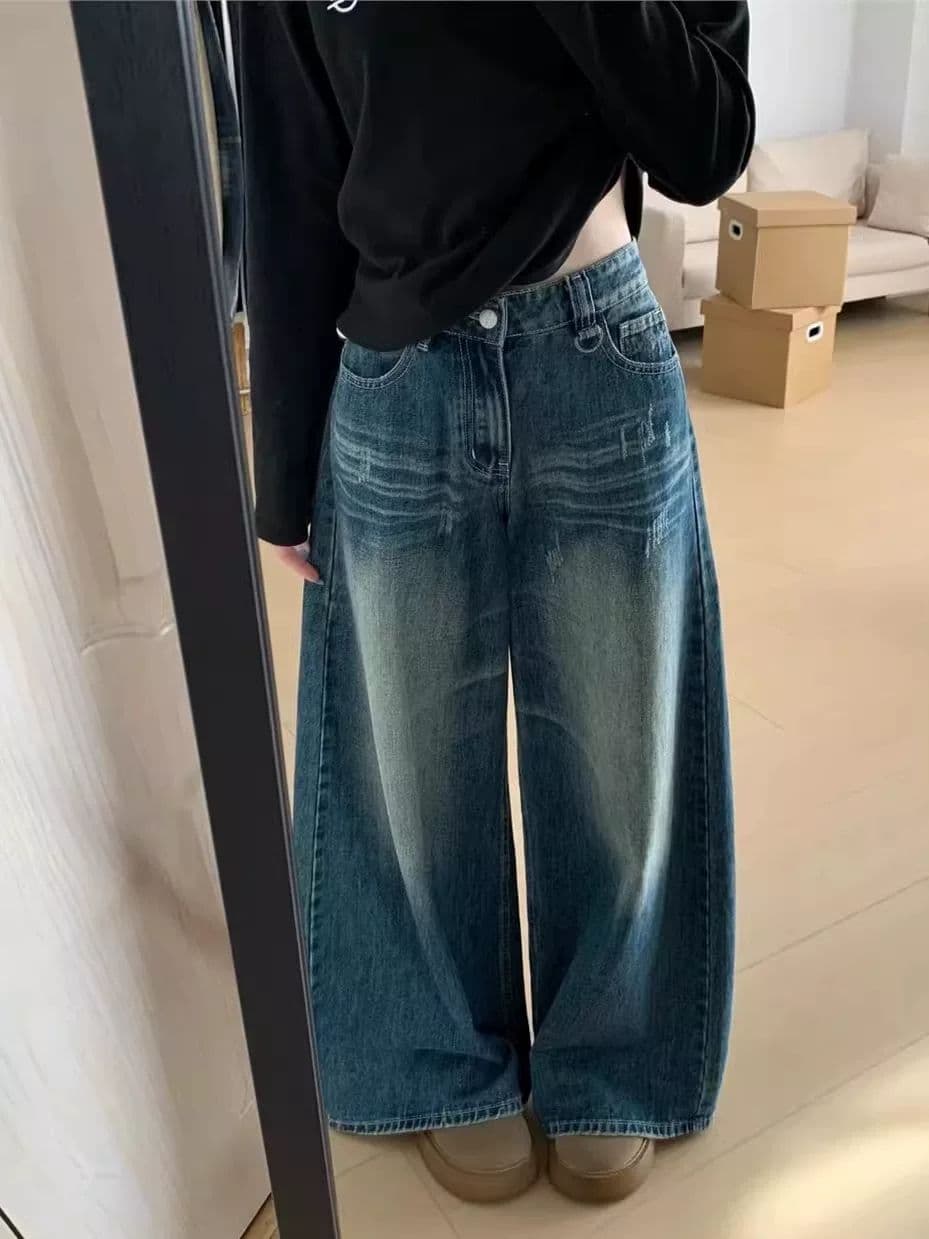하라주쿠 스타일 다용도 거리 넓은 다리 청바지 여성 봄 가을 새로운 루즈핏 도루 센스 패션 바닥 청소 청바지 트렌디 상세 이미지 2