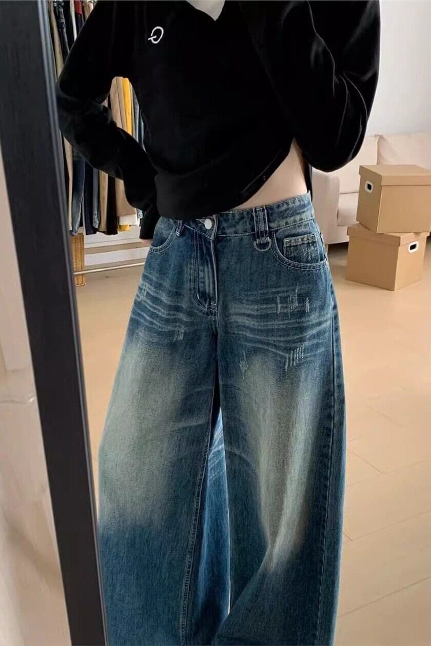 하라주쿠 스타일 다용도 거리 넓은 다리 청바지 여성 봄 가을 새로운 루즈핏 도루 센스 패션 바닥 청소 청바지 트렌디 상세 이미지 3