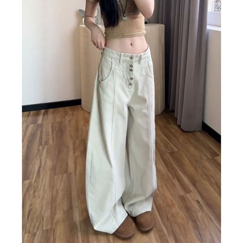개성 디자인 센스 캐주얼 넓은 다리 청바지 여성 봄 가을 패션 슬림해 보이는 디스플레이 높음 루즈핏 ins 스트레이트 청바지 이미지 2