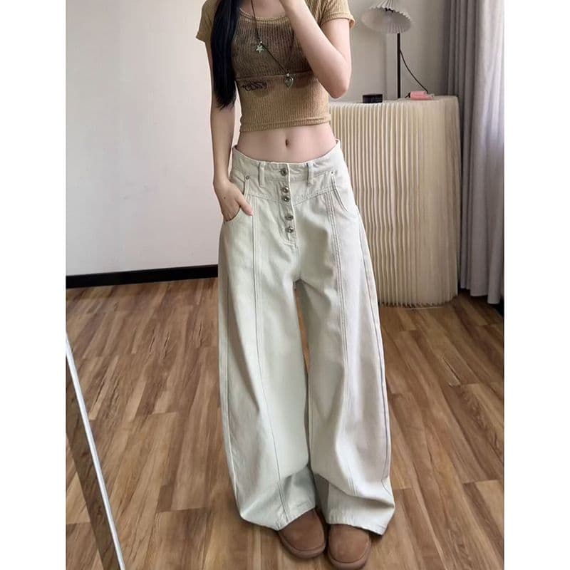 개성 디자인 센스 캐주얼 넓은 다리 청바지 여성 봄 가을 패션 슬림해 보이는 디스플레이 높음 루즈핏 ins 스트레이트 청바지
