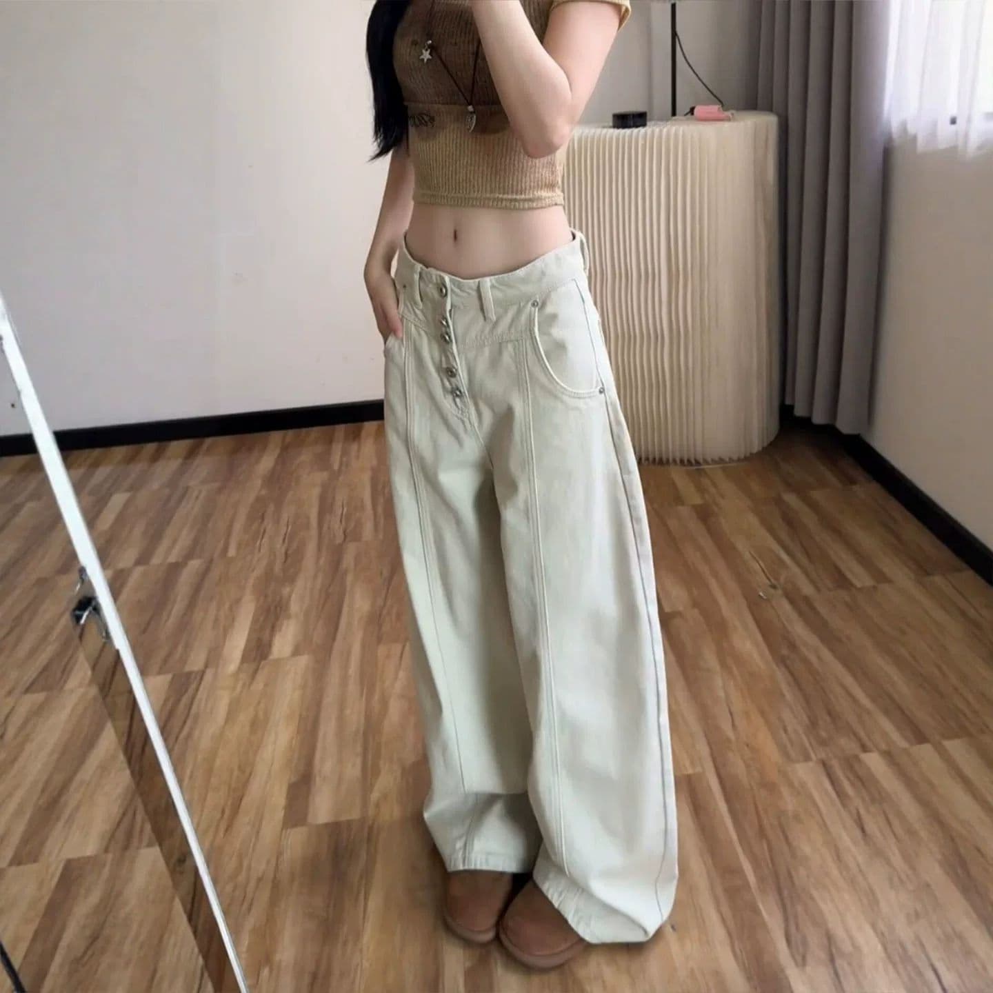 개성 디자인 센스 캐주얼 넓은 다리 청바지 여성 봄 가을 패션 슬림해 보이는 디스플레이 높음 루즈핏 ins 스트레이트 청바지 상세 이미지 2