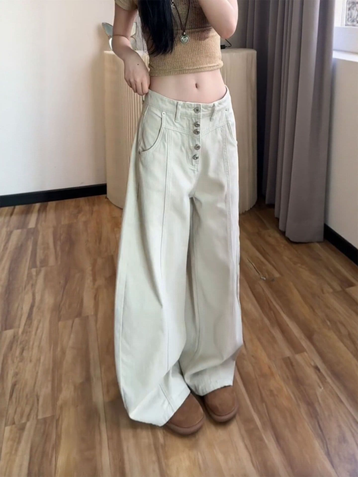 개성 디자인 센스 캐주얼 넓은 다리 청바지 여성 봄 가을 패션 슬림해 보이는 디스플레이 높음 루즈핏 ins 스트레이트 청바지 상세 이미지 4