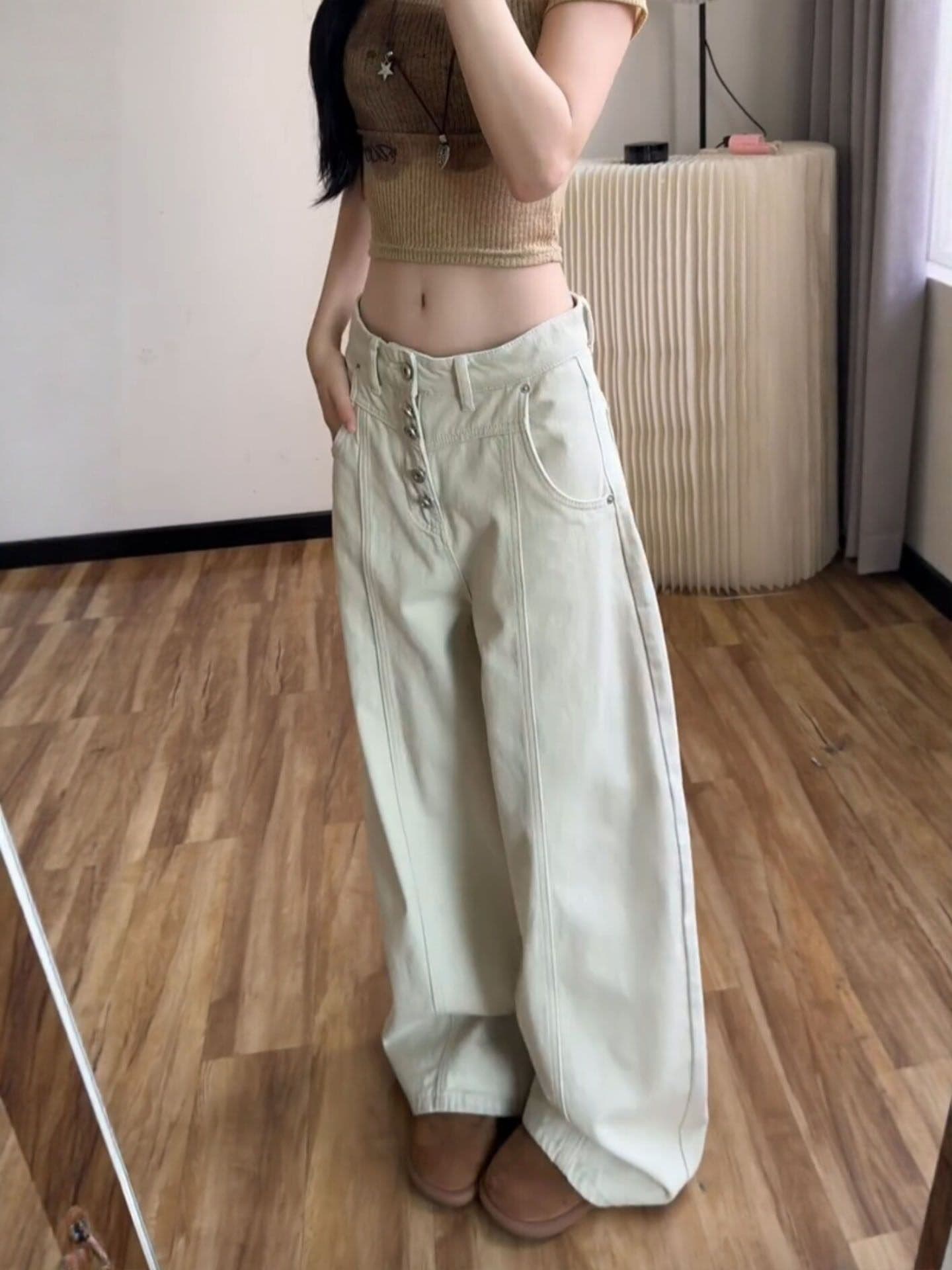 개성 디자인 센스 캐주얼 넓은 다리 청바지 여성 봄 가을 패션 슬림해 보이는 디스플레이 높음 루즈핏 ins 스트레이트 청바지 상세 이미지 5